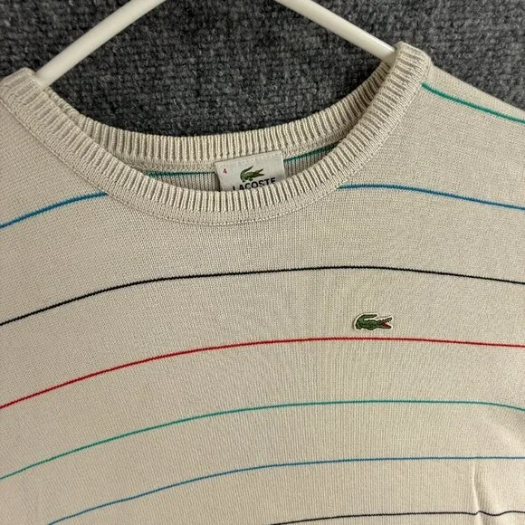Lacoste Men Sweater Knit Croc Logo Striped Off White Casual Size 4 Medium Adult - Picture 7 of 16